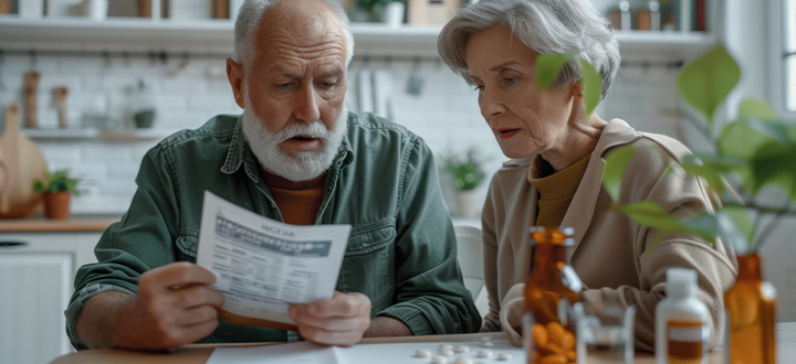 elderly couple reviewing medication information with concern in a modern kitchen showing bottles and pills focusing on health related matters