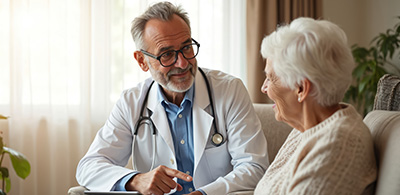 a caregiver assisting an elderly woman by helping her with a compression sock while smiling in a cozy living room setting promoting comfort and care for aging individuals